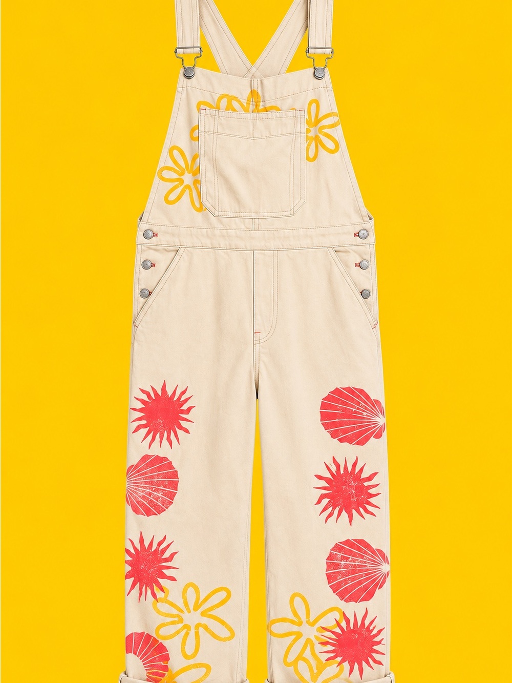 Free People Shells + Sun Print Overalls - Beige with Red & Yellow Accents